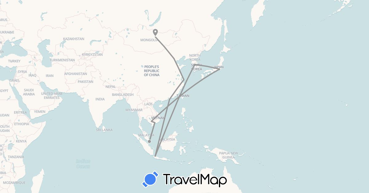 TravelMap itinerary: plane in China, Hong Kong, Indonesia, Japan, Cambodia, South Korea, Mongolia, Singapore, Vietnam (Asia)