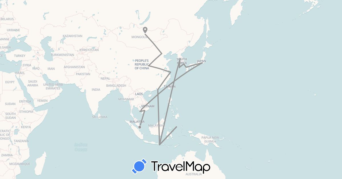 TravelMap itinerary: plane in China, Hong Kong, Indonesia, Japan, Cambodia, South Korea, Mongolia, Singapore, Vietnam (Asia)